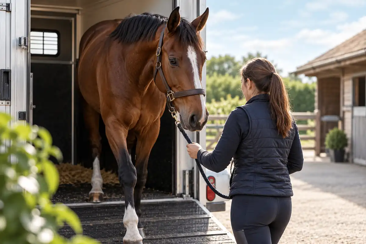 New horse being calmly led from a trailer into its new stable yard