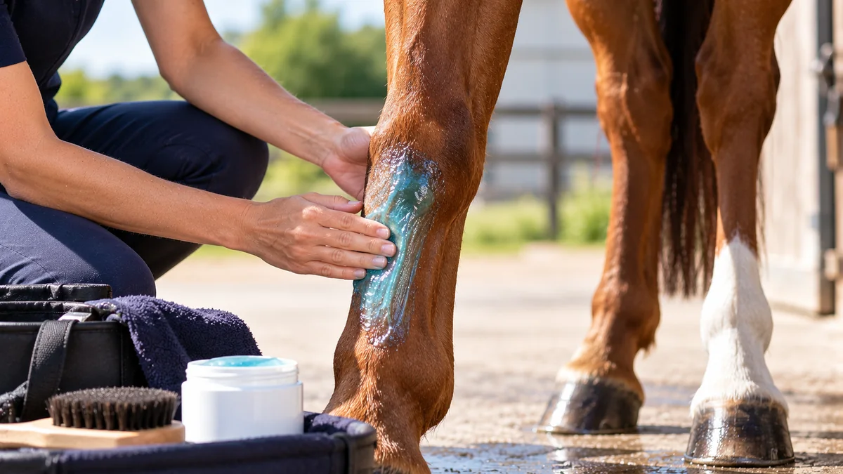 Cooling gel being massaged onto a horse&rsquo;s lower leg after exercise