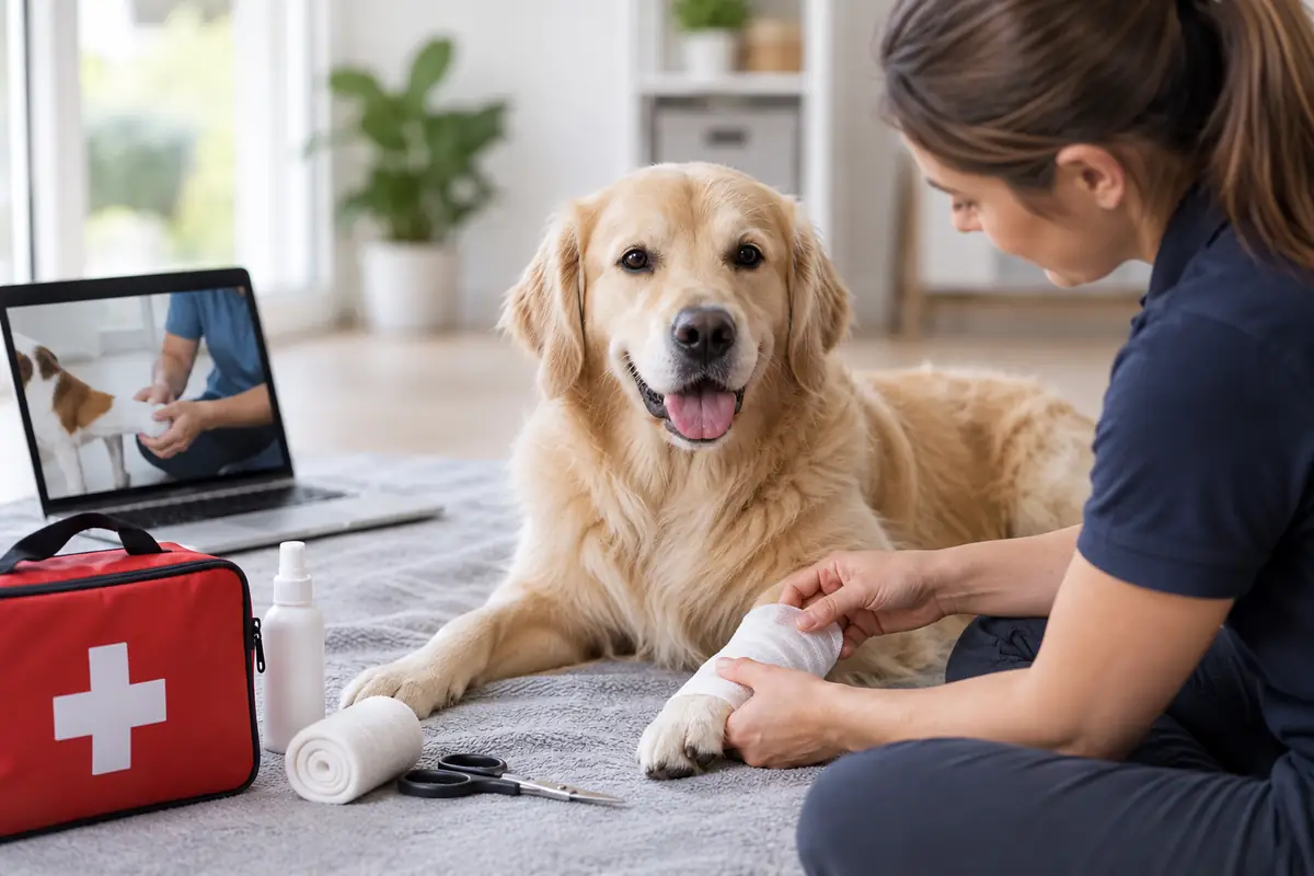 Dog owner learning how to bandage a dog&rsquo;s paw during an online pet first aid course