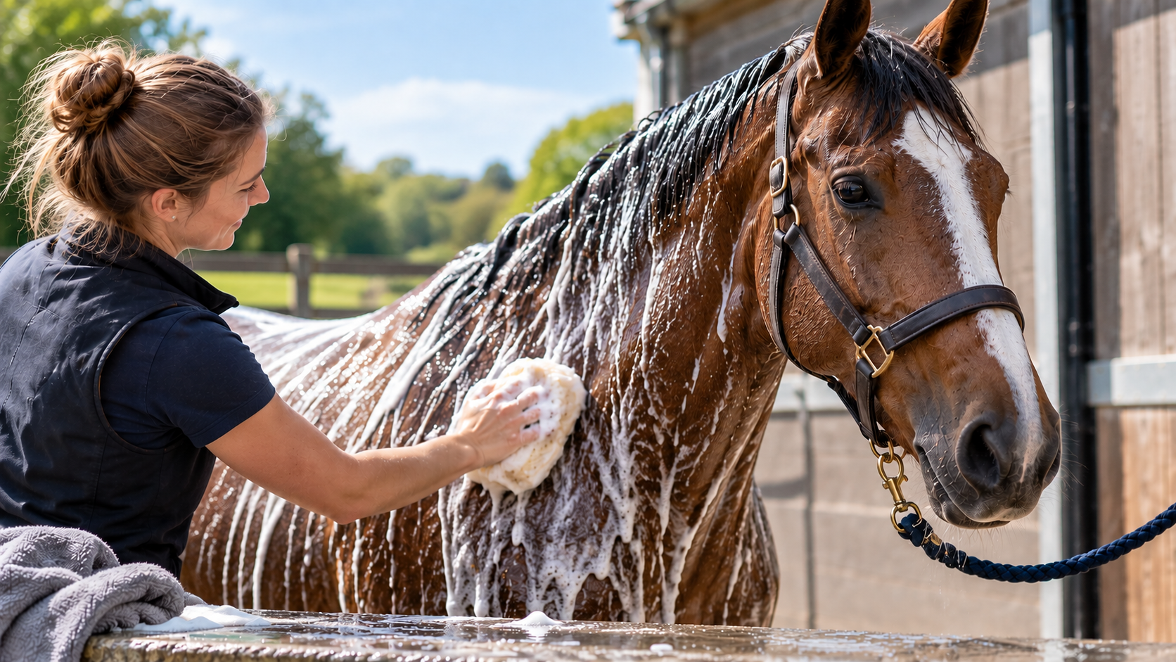Chestnut horse being washed with shampoo at an outdoor stable