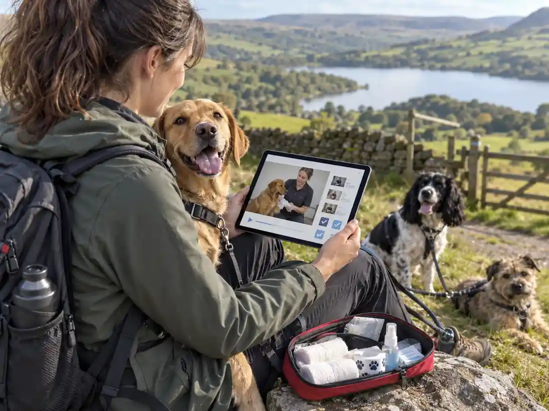 Professional dog walker completing an online canine first aid course outdoors with dogs and a first aid kit