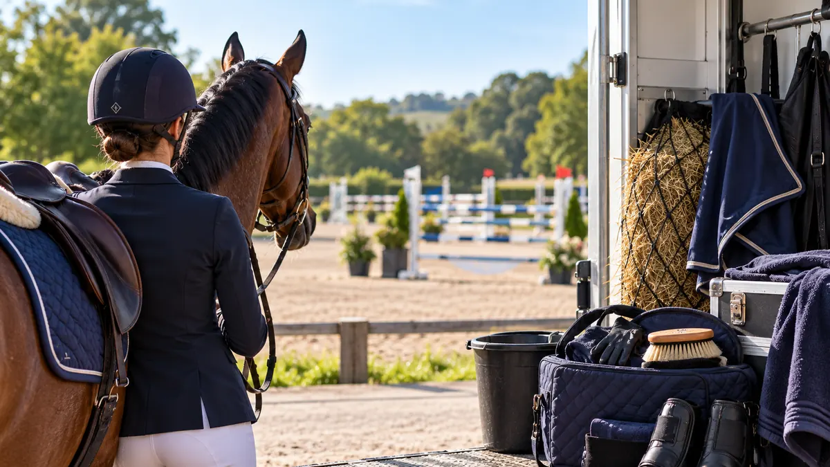 Horse and rider preparing tack, grooming equipment and travel essentials before an equestrian competition