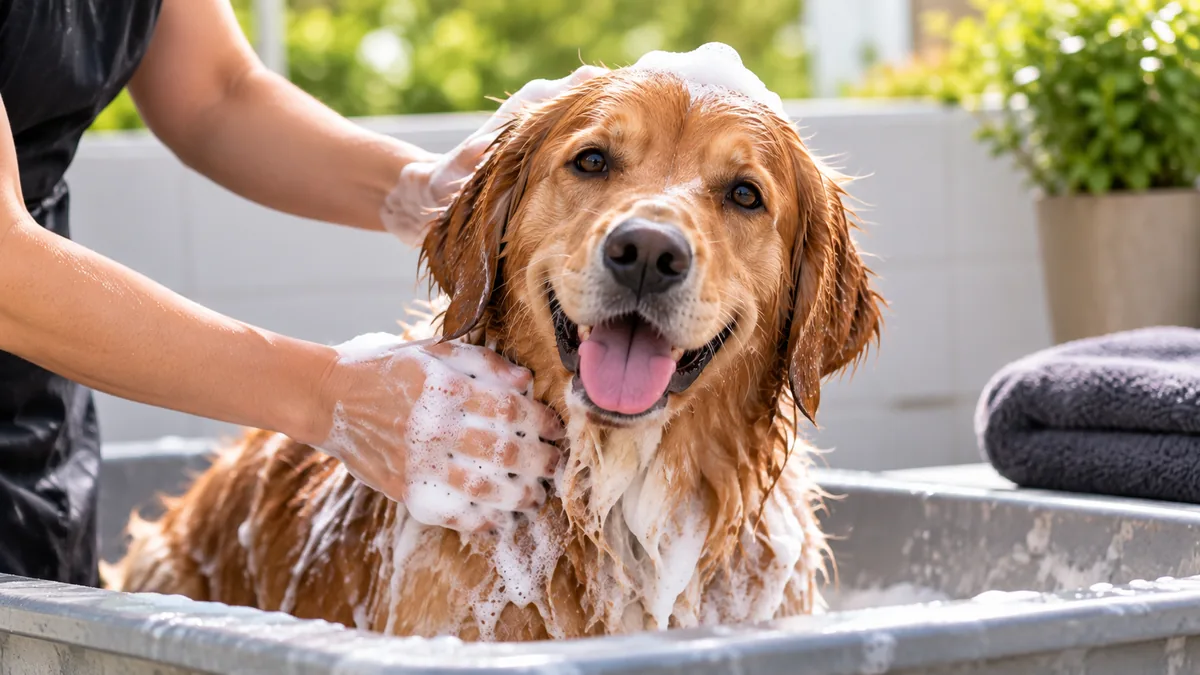 Golden retriever being washed with antibacterial dog shampoo in a clean pet grooming area