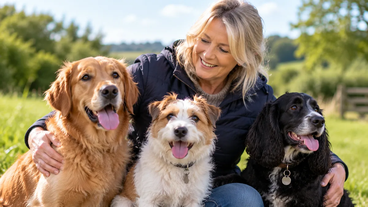 Peggy sitting outdoors with her three happy dogs in a countryside setting