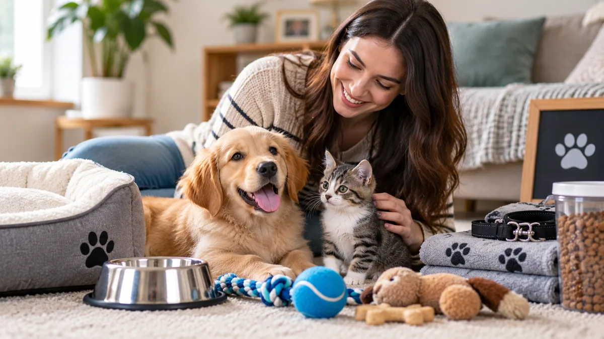 First-time pet owner bonding with a puppy and kitten beside essential pet care supplies at home