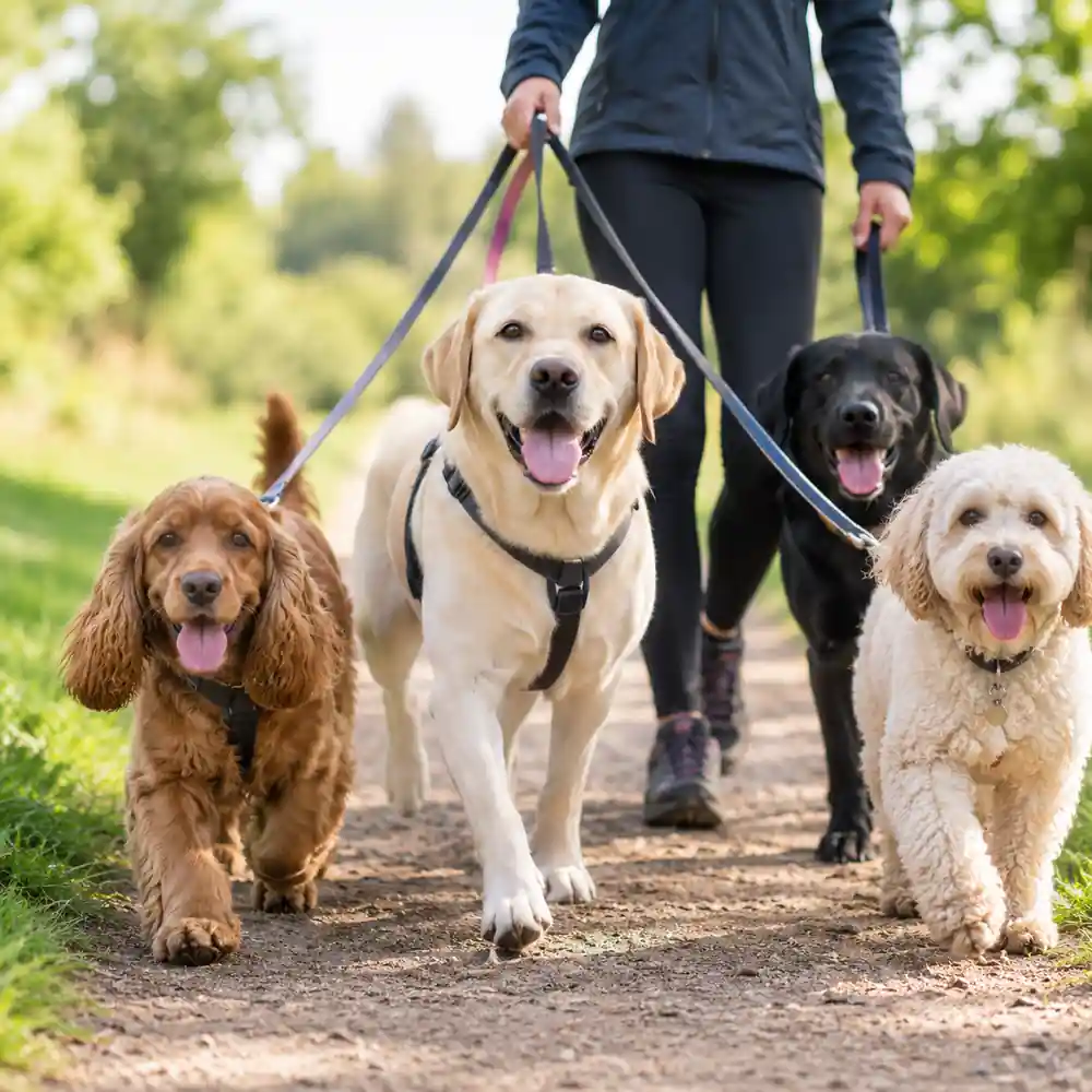 Professional dog walker walking four happy dogs along a countryside path