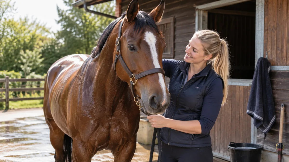 Horse owner standing beside a freshly washed horse after using antibacterial horse shampoo