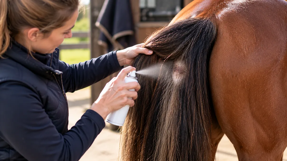 Horse owner applying spray plaster to a sore area at the base of a horse&rsquo;s tail