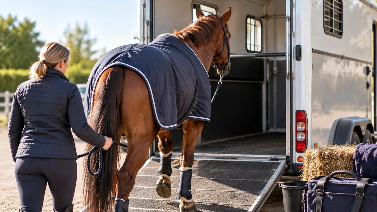 Horse being calmly loaded into a trailer with protective travel gear for safe transport
