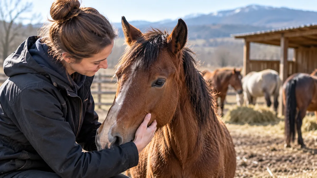 Woman gently caring for a rescued horse at a rural horse sanctuary in Bulgaria