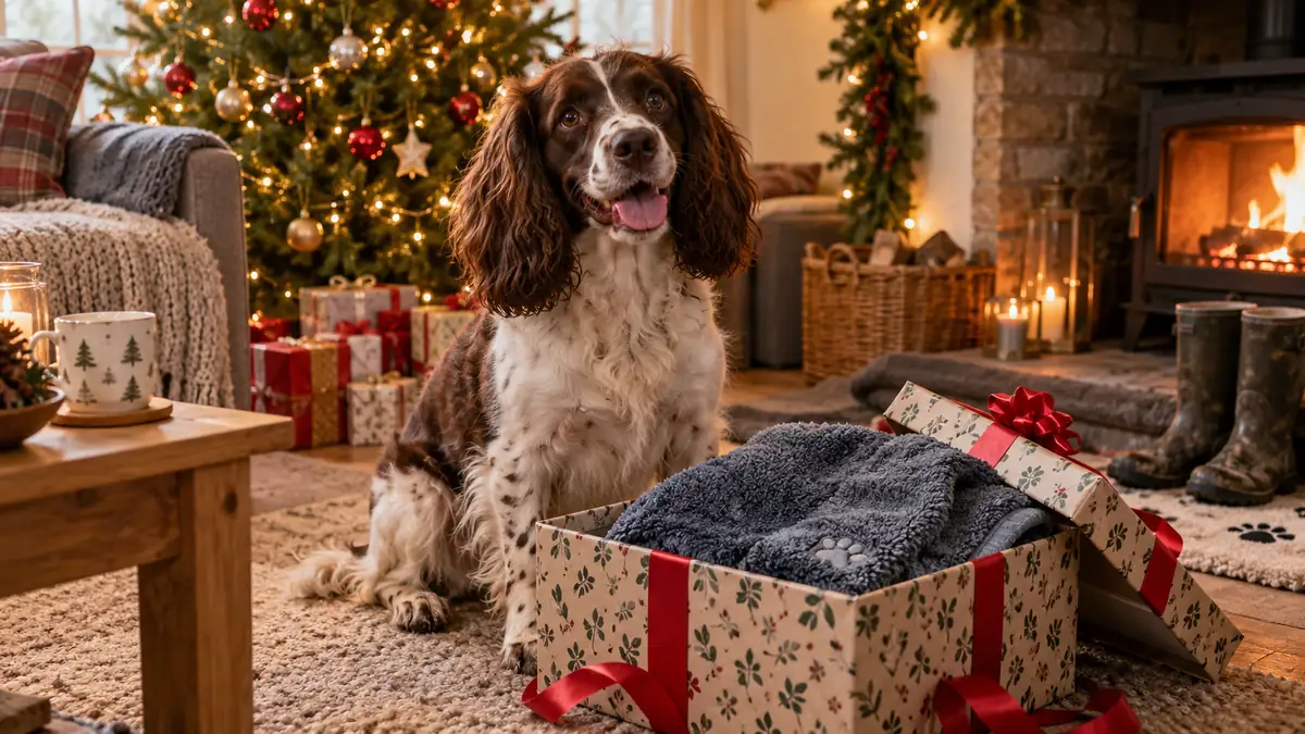 Betsy the spaniel sitting beside her Christmas present, a dog drying shammy