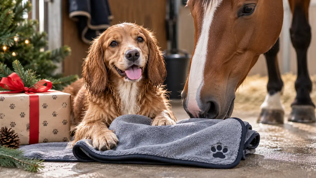 Wet dog and horse beside a soft drying shammy in a stable setting