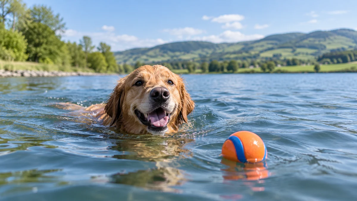Golden retriever swimming safely in a lake while retrieving a floating ball