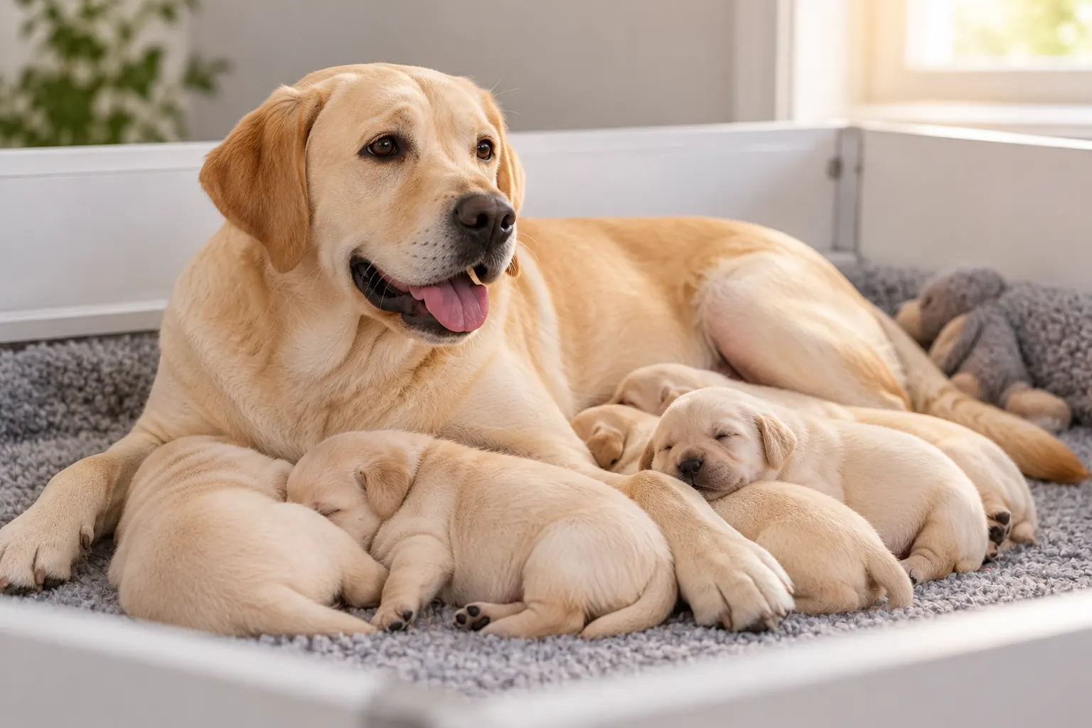 Mother Labrador resting with newborn puppies in a clean whelping area