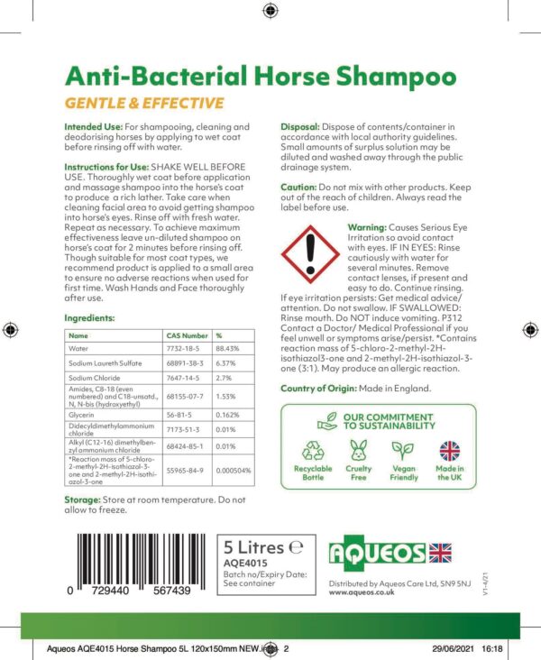 Anti-Bacterial/Anti Itch Horse Shampoo 5L-3